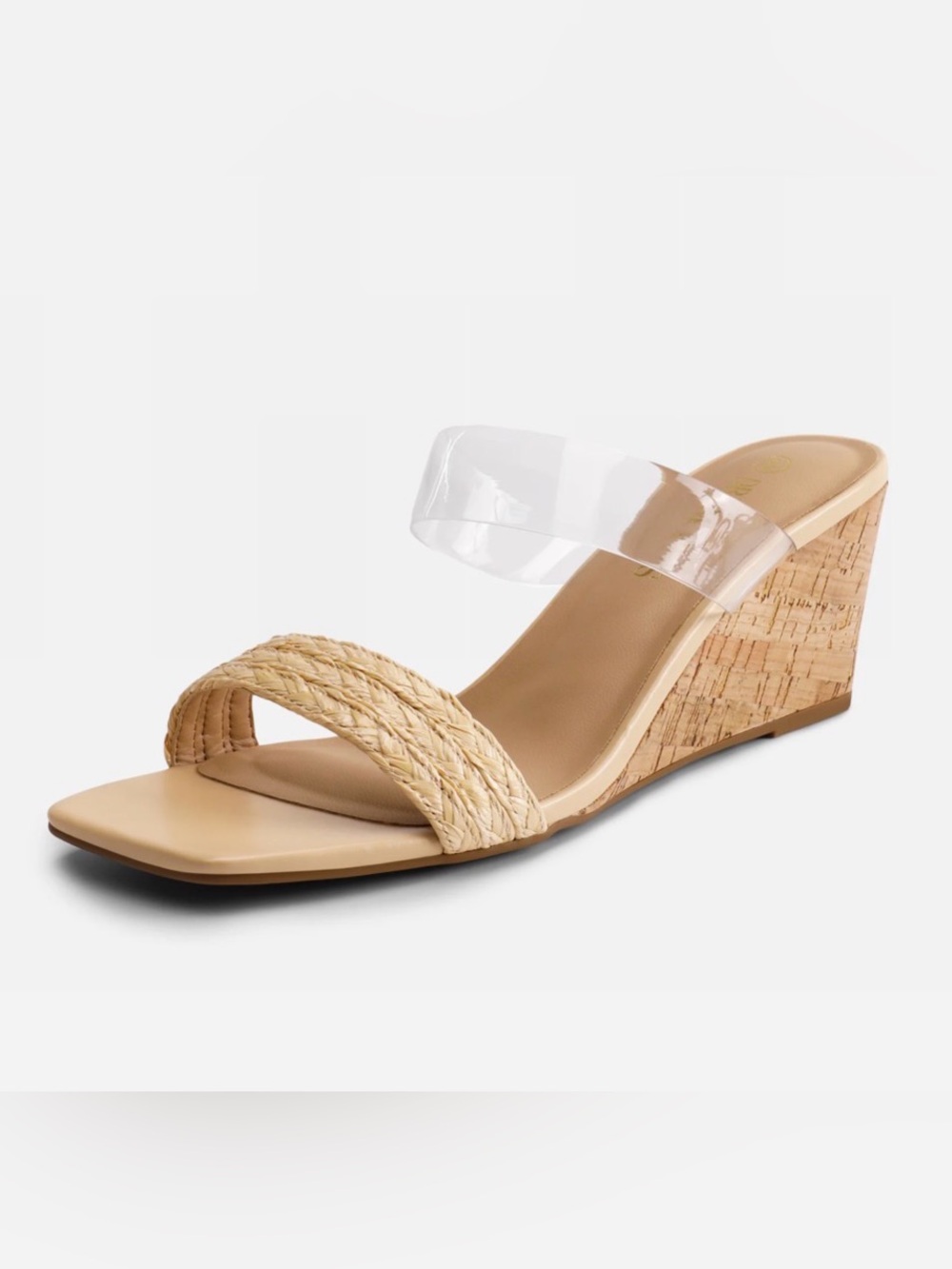 Brand New. JustFab Beige Cork Wedge Sandals with Clear Strap